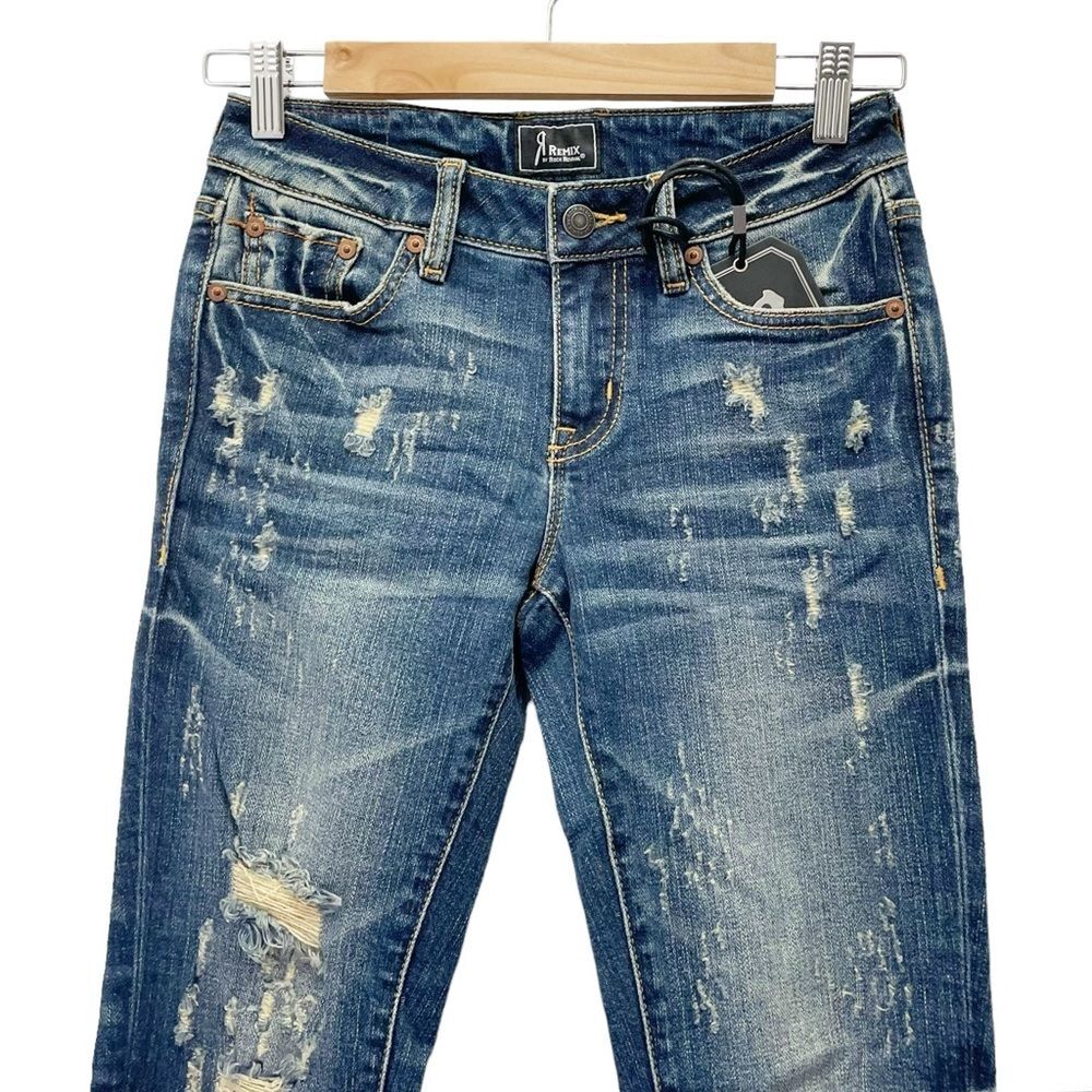 NWT Remix by Rock Revival Straight Leg Jeans in Destroyed Blue Wash Size 24 NEW - Picture 5 of 13